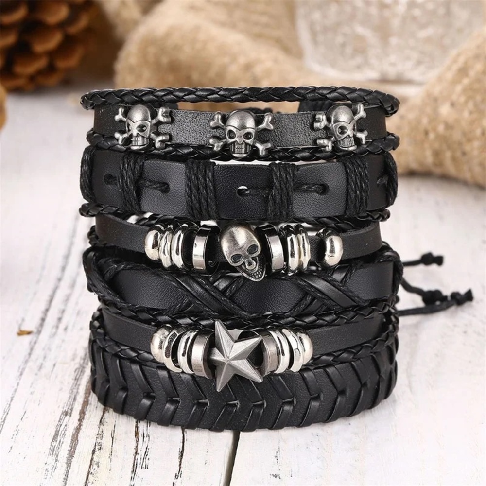 6 Pcs Set Punk Rock Skull Braided Leather Rope Bracelets - Picture 6 of 15